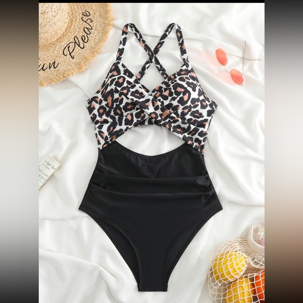 Leopard Print and Black One Piece Swimsuit